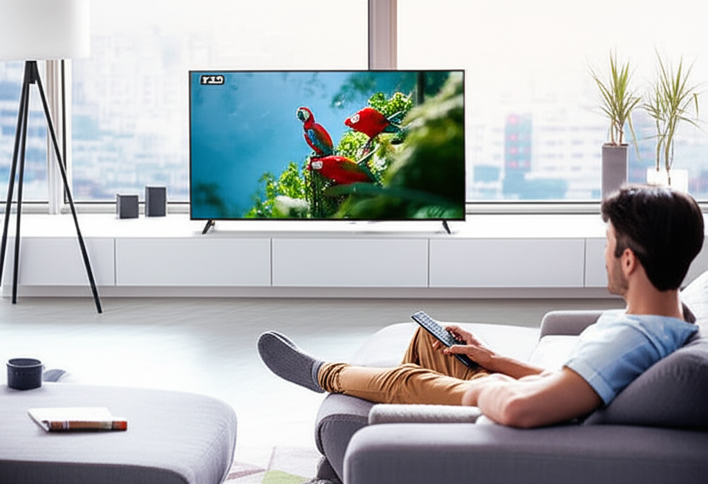 Pessoa assistindo IPTV em Smart TV com qualidade HD - experiência premium